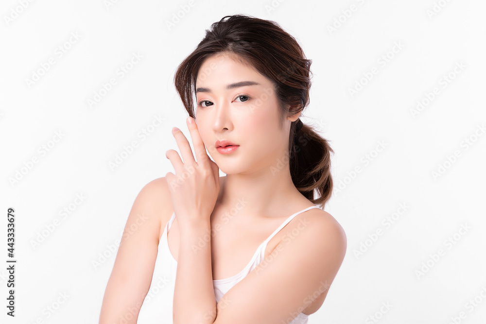 Beautiful young woman with clean fresh skin on white background, Face care, Facial treatment, Cosmetology, beauty and spa, Asian women portrait. Beautiful young woman with clean fresh skin on white background, Face care, Facial treatment, Cosmetology, beauty and spa, Asian women portrait.