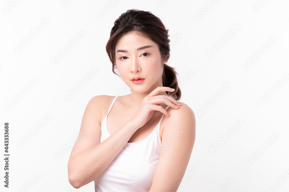 Beautiful young woman with clean fresh skin on white background, Face care, Facial treatment, Cosmetology, beauty and spa, Asian women portrait. Beautiful young woman with clean fresh skin on white background, Face care, Facial treatment, Cosmetology, beauty and spa, Asian women portrait.