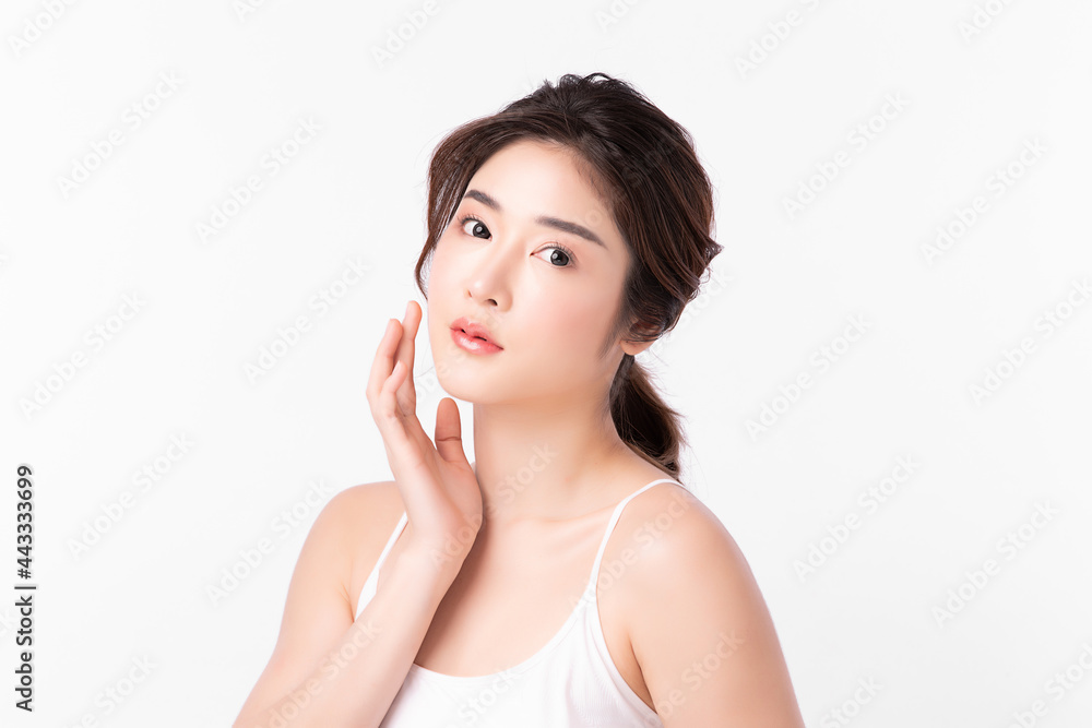 Beautiful young woman with clean fresh skin on white background, Face care, Facial treatment, Cosmetology, beauty and spa, Asian women portrait. Beautiful young woman with clean fresh skin on white background, Face care, Facial treatment, Cosmetology, beauty and spa, Asian women portrait.
