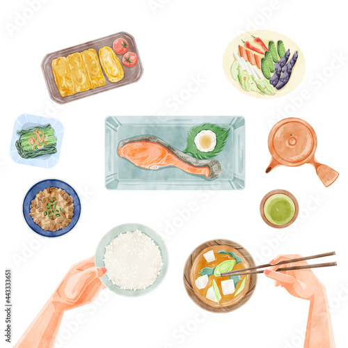 日本の朝食（和食）手描き水彩風イラスト