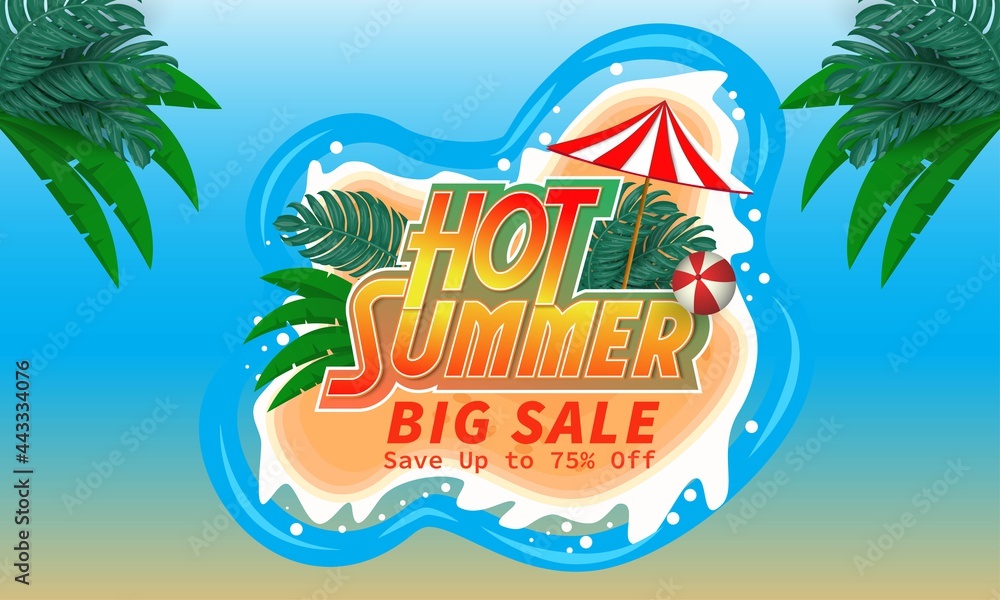 Hot summer big sale banner template. Happy summer banner design social media template. isolated island view in the middle of the sea with umbrella, beach ball, and tropical leaves.