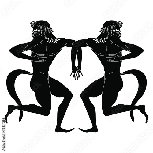 Symmetrical design with two running or dancing ancient Greek satyrs. Vase painting style. Black and white negative silhouette.