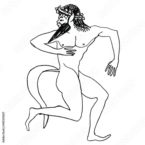 Running or dancing ancient Greek satyr or Silenus. Vase painting style. Hand drawn linear doodle rough sketch. Black silhouette on white background.