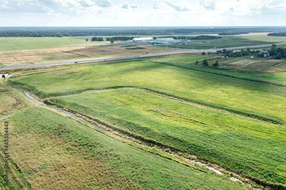 panoramic aerial view of agricultural cultivated fields with irrigational channels and farm