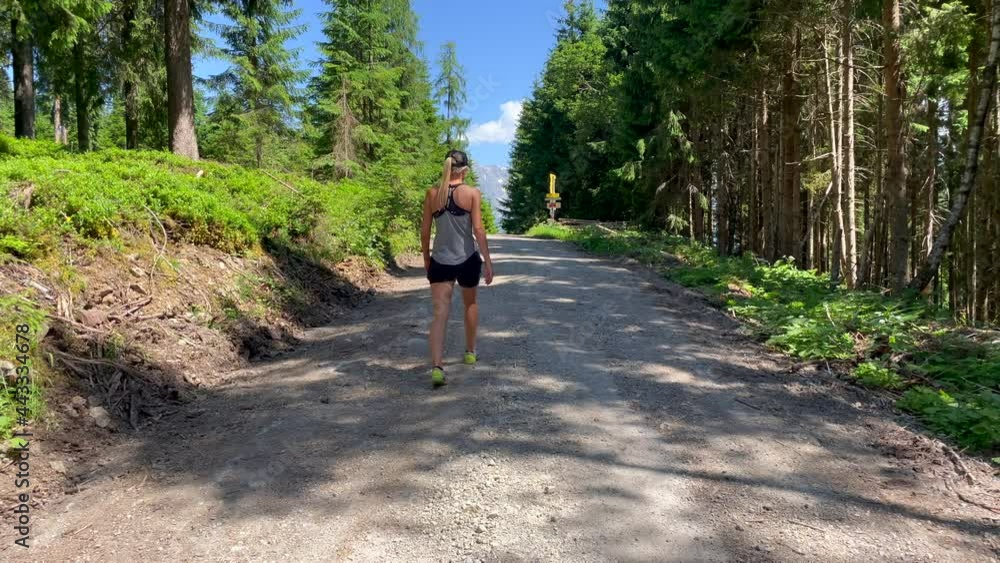 Slow motion rear view of female athlete hiking up rocky path in the mountains during summer. Travelling in Austria during summertime. Slow motion rear view of female athlete hiking up rocky path in the mountains during summer. Travelling in Austria during summertime.
