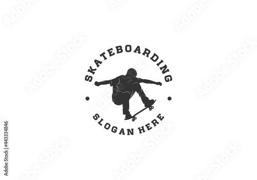 skateboards, emblems, badges and design elements. Skateboarder silhouette in white background