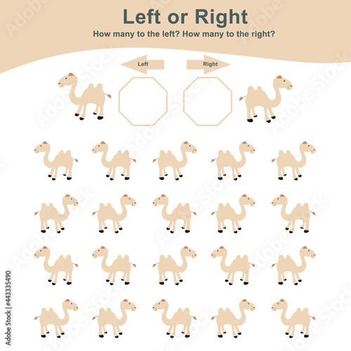 Fototapeta Naklejka Na Ścianę i Meble -  Left or Right Game for Preschool Children. Counting how many camels are left and right. Educational printable math worksheet. Additional math for kids. Vector illustration in cartoon style. 