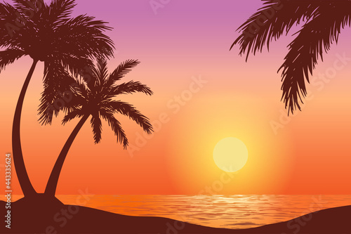 vector illustration of sunset tropical beach natural scenery © Sabavector