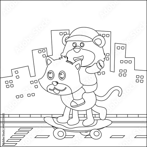 Vector illustration of cute cat and bear on skate board. Cartoon isolated vector illustration, Creative vector Childish design for kids activity colouring book or page.