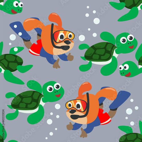 Seamless pattern texture with little turtle and little dog are swim in underwater. For fabric textile, nursery, baby clothes, background, textile, wrapping paper and other decoration.