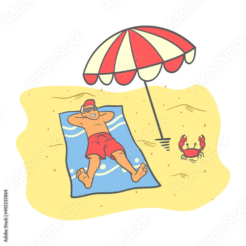 Man lying under umbrella on beach . Hand drawn sunbathing illustration concept