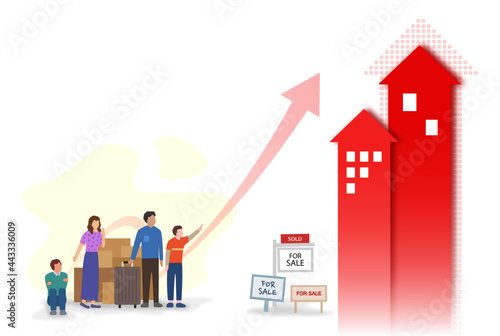 House prices rising, real estate growth illustration. home sales increase. housing problem concept