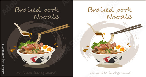 Braised pork noodle Flat vector illustration of Thai Noodle two-tone background. Delicious Thai food.Thai food vector. Pork noodles.