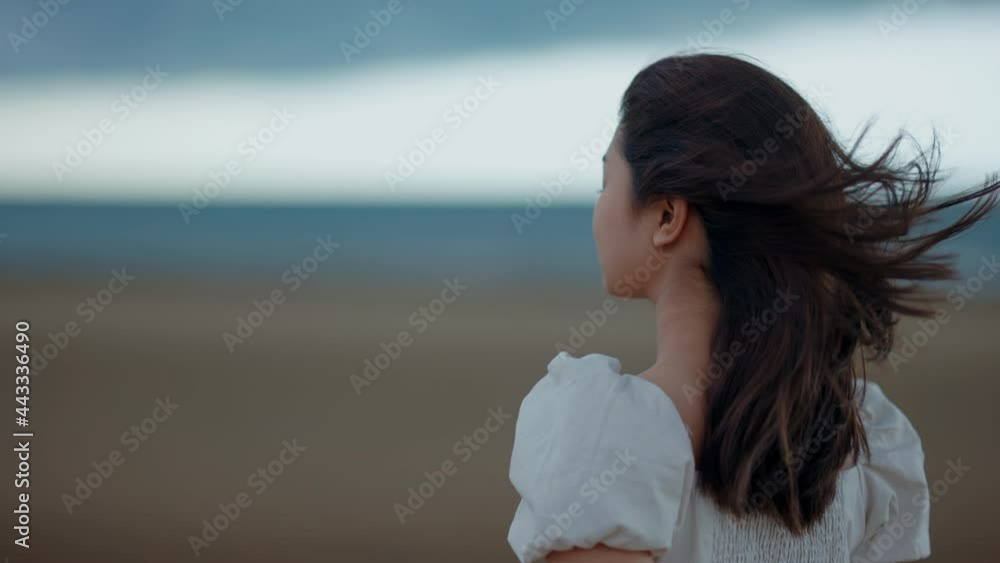 A cute Asian girl is walking on the beach by the sea and the clouds are about to fall and the wind is strong, 4k resolution. A cute Asian girl is walking on the beach by the sea and the clouds are about to fall and the wind is strong, 4k resolution.
