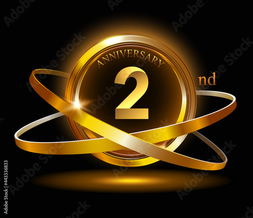 2nd anniversary with gold ring graphic elements on black background