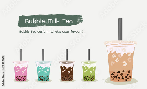 Set of vector flat bubble milk tea, Set of colorful bubble teacup design collection, Pearl milk tea, Yummy drinks, coffee, green tea, and soft drinks.