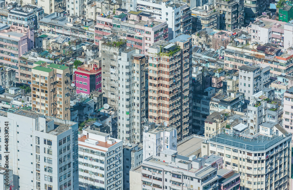 Aerial view of crowded building in Hong Kong city