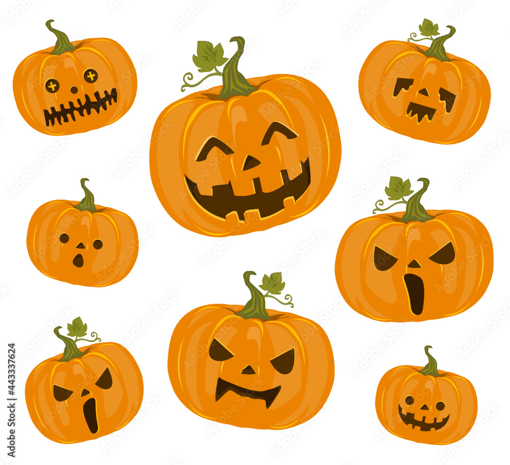 Set of Halloween pumpkin with different faces horror scary vector illustration graphic design isolated on white background. Set of Halloween pumpkin with different faces horror scary vector illustration graphic design isolated on white background.