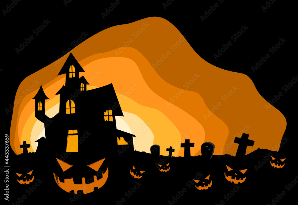 Halloween background with a haunted house. Invitation card on celebrating Halloween. Vector illustration.