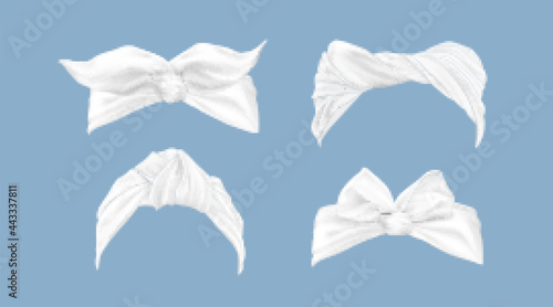 White headbands, woman hair bandana with tied bow. Vector realistic set of vintage hairbands, fabric ribbons for head. Fashion girl accessories isolated on blue background