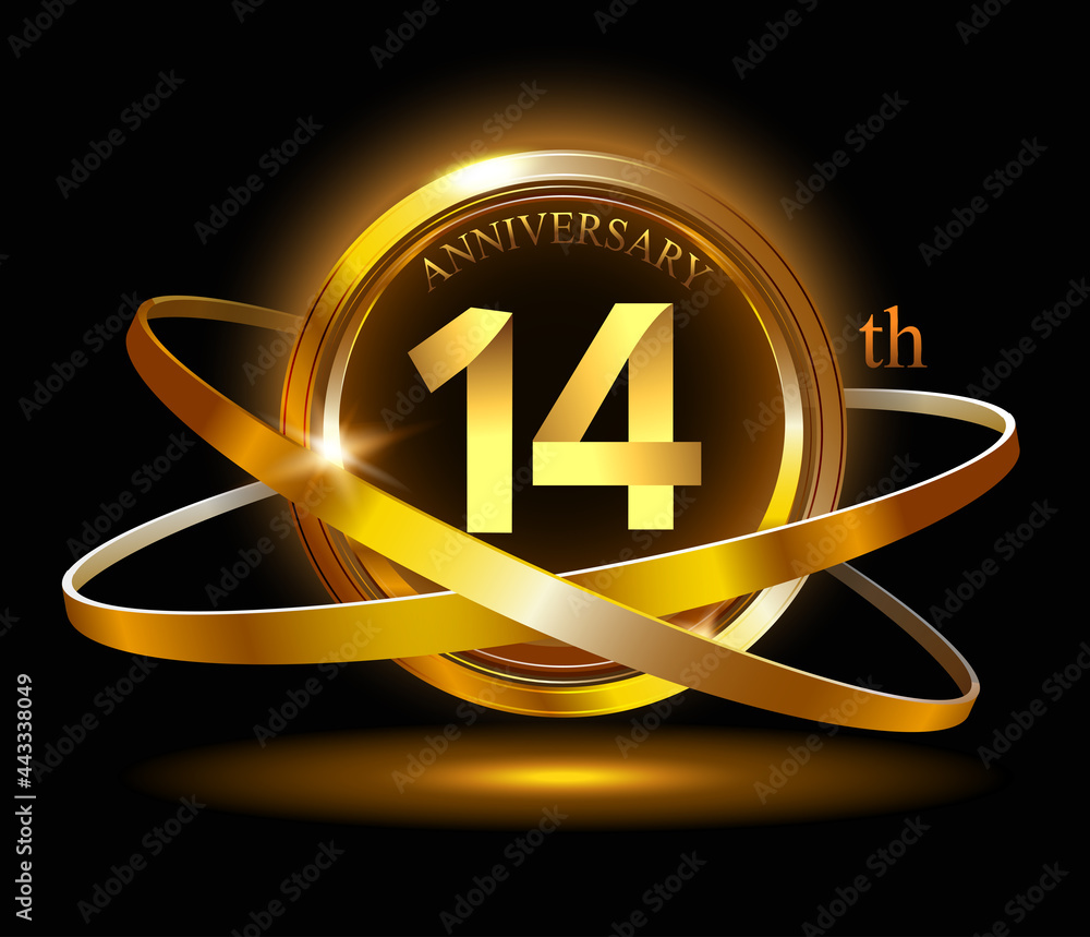 14th anniversary with gold ring graphic elements on black background - obrazy, fototapety, plakaty 