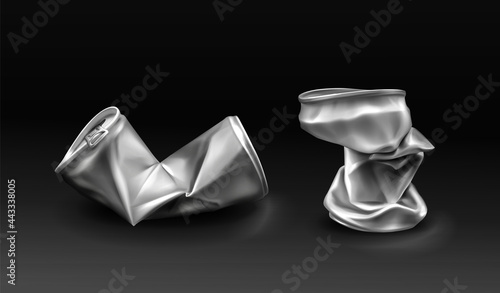 Crumpled tin can, crushed metal bottles with open key. Crumple trash, used empty containers for beverages, Realistic 3d vector silver colored aluminium canister for drinks isolated on black background