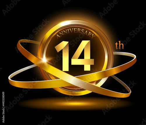 14th anniversary with gold ring graphic elements on black background