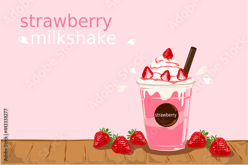 The delicious and sweet strawberry milkshake on wooden table and pink background.