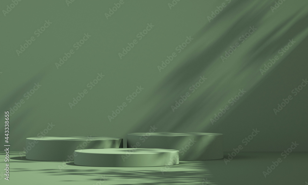 3D green product podium display with green background and tree shadow