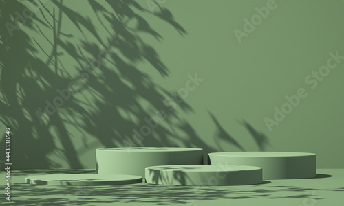 3D green product podium display with green background and tree shadow,summer product mockup background,3D render illustration