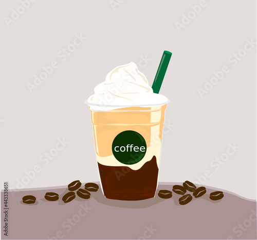 The delicious ice coffee with cream. Vector illustration.