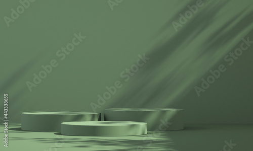 3D green product podium display with green background and tree shadow,summer product mockup background,3D render illustration