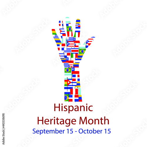  Different Flags of America on silhouette people hand. 
Cultural and ethnic diversity. National Hispanic Heritage Month.