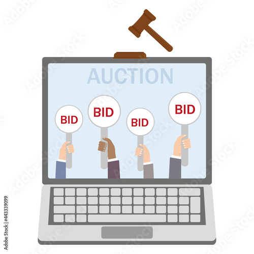 Online auction via laptop, color vector isolated illustration