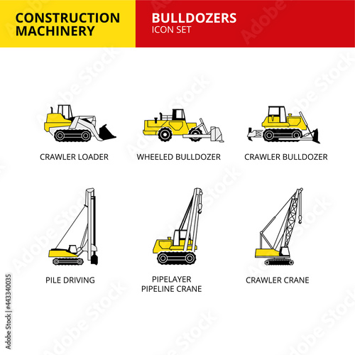 bulldozer vehicle and transport construction machinery icons set