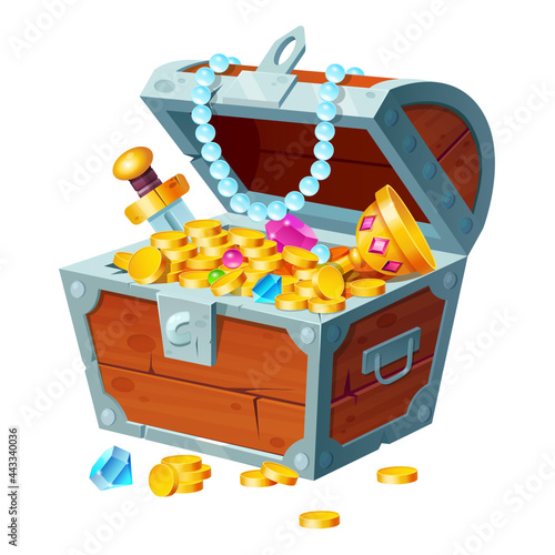 Chest with gold coins, gemstones, crystals and trophy. Pirate treasure in open wooden forged box isolated on white background. Fantasy game asset, mobile application ui element, Cartoon illustration