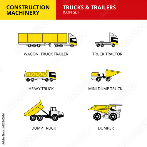 trucks and trailers vehicle construction machinery transport icons set