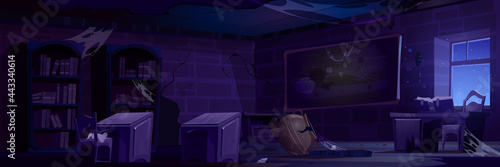Abandoned magic school, night classroom interior with broken furniture, cracked walls, wooden desks and spider webs on blackboard with chalk writings, crushed cauldron, Cartoon vector illustration