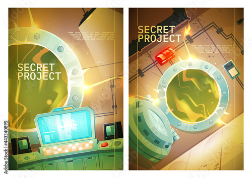 Secret project poster with control panel room in nuclear power plant with open door to reactor. Vector flyers for quest game with cartoon interior of bunker or laboratory with radiation green glow