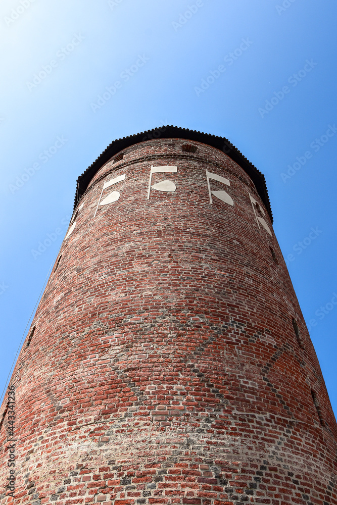 The tower of the teutonic castle in Bytów, build in XIV and XV century seen from below