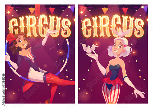 Circus cartoon posters for magic show performance. Big top tent artists aerial gymnast girl and woman with doves. Carnival entertainment on stage, Invitation flyers to funfair amusement vector banners
