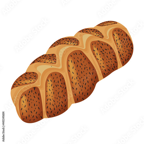 Braided bread with poppy seeds isolated. Vector homemade wicker pastry food, wheat bun. Challah - jewish traditional holiday bread.
