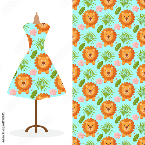 Womens long dress mock up with bright seamless hand drawn pattern for textile, paper print. 