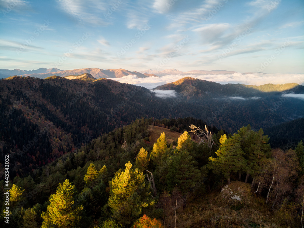 view from a drone at dawn in the mountains, aerial view through the clouds with fog