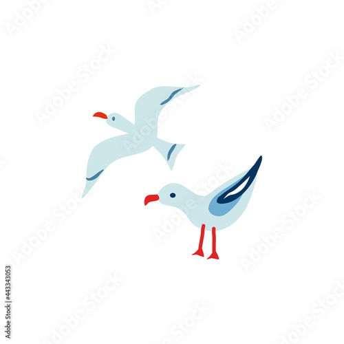 Marine vector doodle seagulls set isolated on white background, decorative flat sign, cartoon sea birds symbols, decorative flat icons for travel design, greeting card, summer invitation