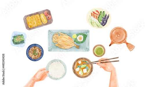 日本の朝食（和食）手描き水彩風イラスト