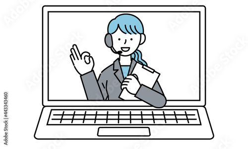 PCでサポートや問い合わせ対応するオペレーターの女性のイラスト