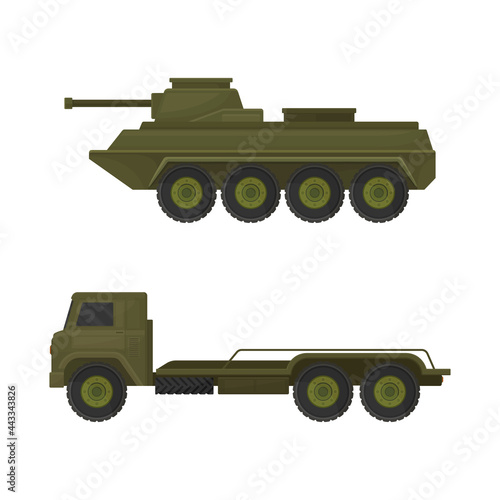 Armoured Tank and Truck as Military Machine and Armored Vehicle for Warfare Vector Set