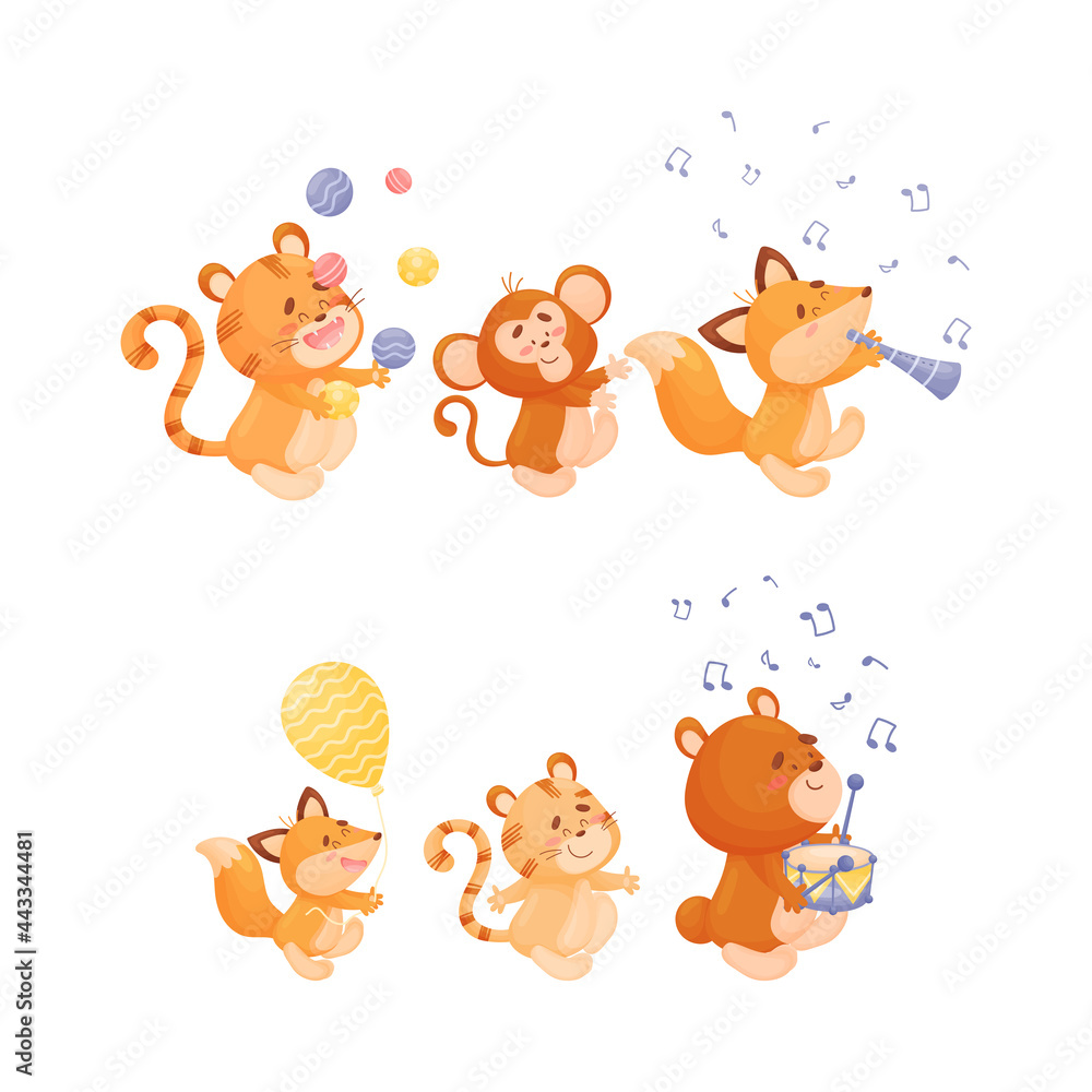 Cute Animals Carrying Balloon, Juggling Balls and Playing Musical Instrument Vector Set