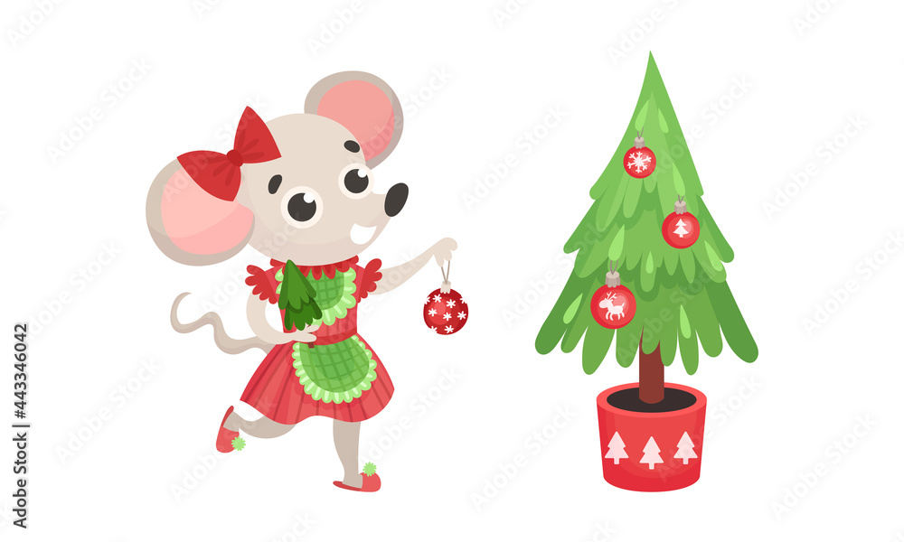 Festive New Year and Christmas Attribute with Mouse Character and Fir Tree with Baubles Vector Set